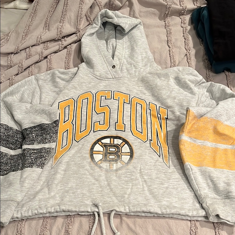 Boston bruins Gray and Yellow Hoodie 47 brand cropped with tie